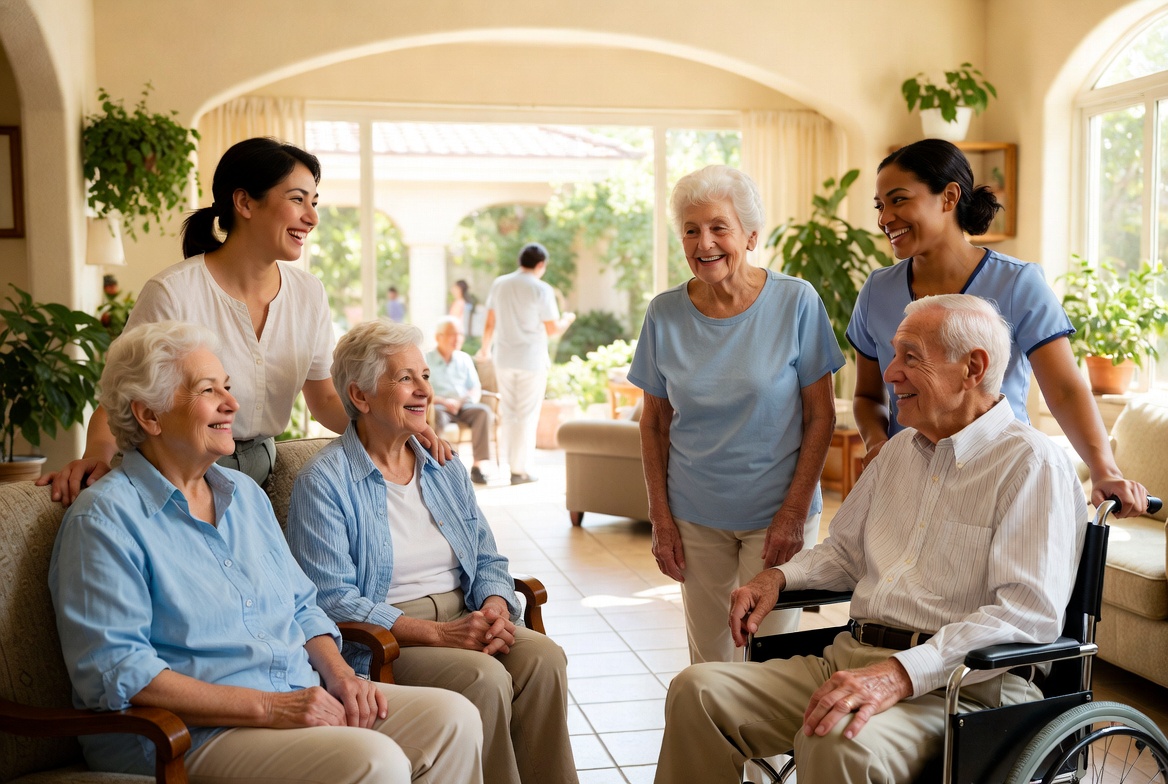 Happy seniors receiving compassionate residential care for the elderly in California at Bloomora Grove Pomona